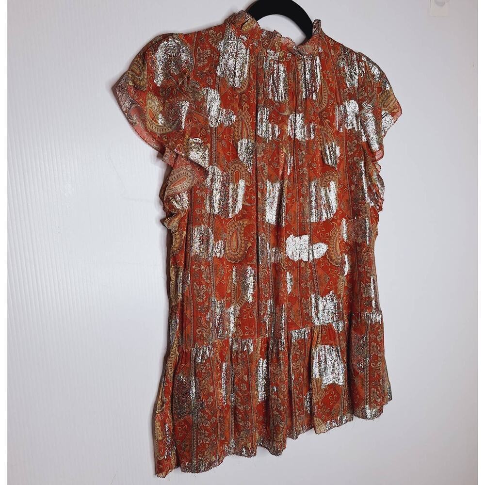 Anthropologie Let Me Be Vanna Shimmer Paisley Top Flutter Sleeve Pleated Medium - Picture 11 of 11